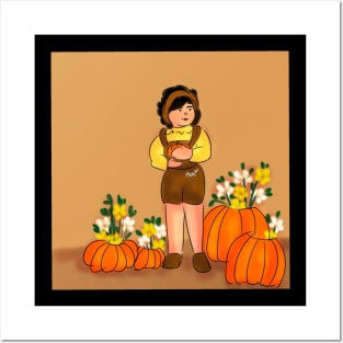 Little girls pumkins and flower Posters and Art